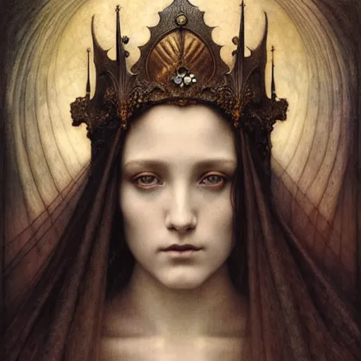 Image similar to detailed realistic beautiful young medieval queen face portrait by jean delville, tom bagshaw, brooke shaden, gustave dore and marco mazzoni, art nouveau, symbolist, visionary, gothic, pre - raphaelite, ornate gilded medieval icon, surreality, ethereal, unearthly, haunting, celestial, neo - gothic, ghostly, memento mori, nightmare