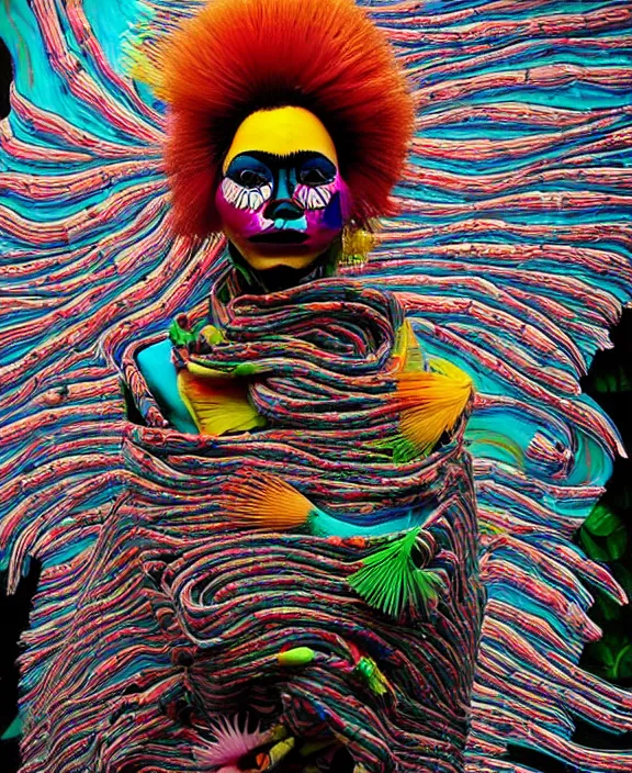 Prompt: the attitude that nature is chaotic and that the artist puts order into it is a very absurd point of view, i think. all that we can hope for is to put some order into ourselves. chicano art, nonfigurative, flowing fabric, detail, surreal object photography, haute couture, street art, maximalist, neo expressionism, indigenous mexican