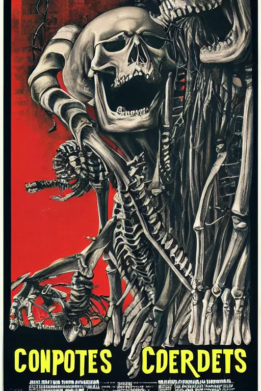 Prompt: vintage movie poster for horror movie, centipedes, skeletons, computers, cyberpunk