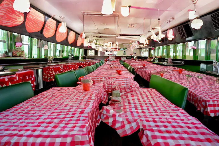 Image similar to 2 0 1 2 watermelon new jersey diner, tables repeat endlessly into the horizon, fruitcore, one point perspective, americana photographer