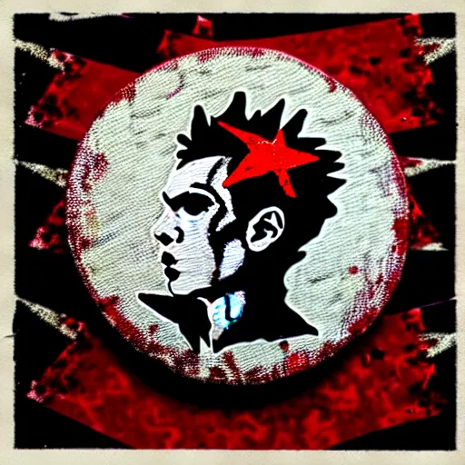 Image similar to painting on a badge, punks not dead!, exploited!!, clash, junk yard, rats!!, god save the queen!!!, punk rock album cover art style, grunge, no future!!!!, glitch effect