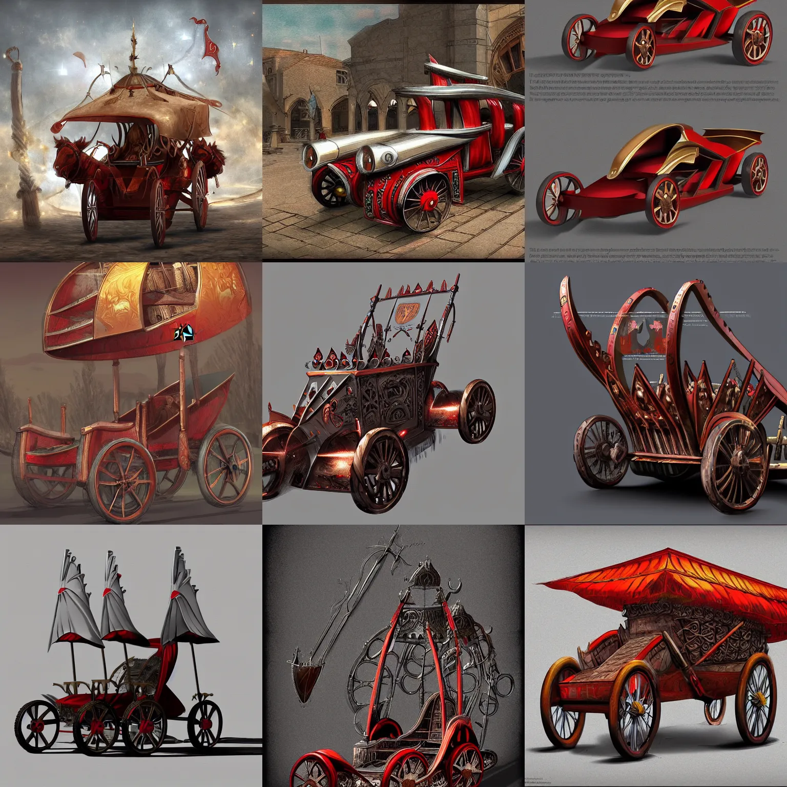 Prompt: digital artwork of a medieval chariot built by ferrari, trending on artstation