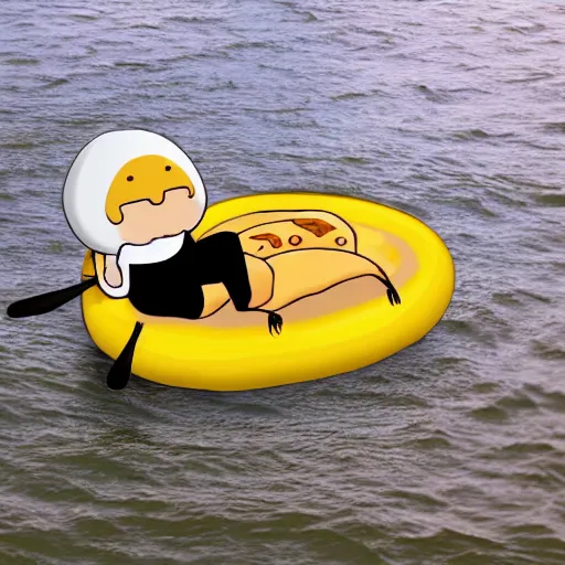 Prompt: gudetama riding a raft down the river, lazy egg