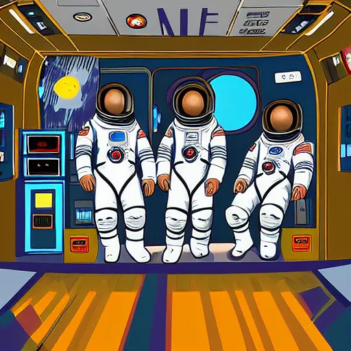 Image similar to astronauts in spacestation getting coffee, digital art