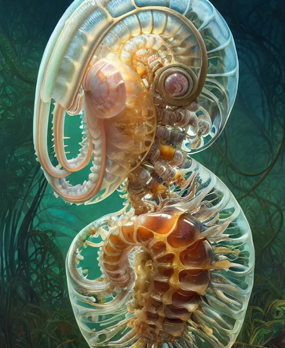 Prompt: intricate opulent transparent clear see - through portrait of a horrific beautiful male human isopod nautilus, mottled coloring, adorable, childlike, overgrown biopunk jungle environment, ultra realistic, concept art, art nouveau, photorealistic, octane render, 8 k, unreal engine. art by christopher marley and artgerm and greg rutkowski and alphonse mucha