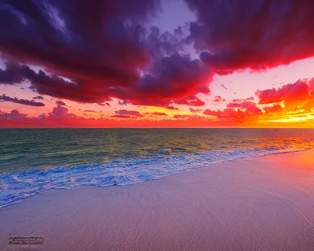 Image similar to landscape photography by marc adamus, florida gulf of mexico beach sunset, dramatic lighting, palm trees, clouds, beautiful