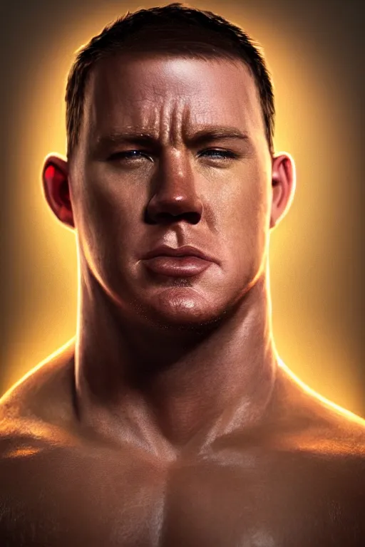 Image similar to a head shot of channing tatum as half human and a tater tot on a plate, tater tot face, ef 8 5 mm f 1. 8 usm, bionic scifi alexandre ferra, hyper detailed, digital art, trending in artstation, cinematic lighting, studio quality, smooth render, unreal engine 5 rendered, octane rendered