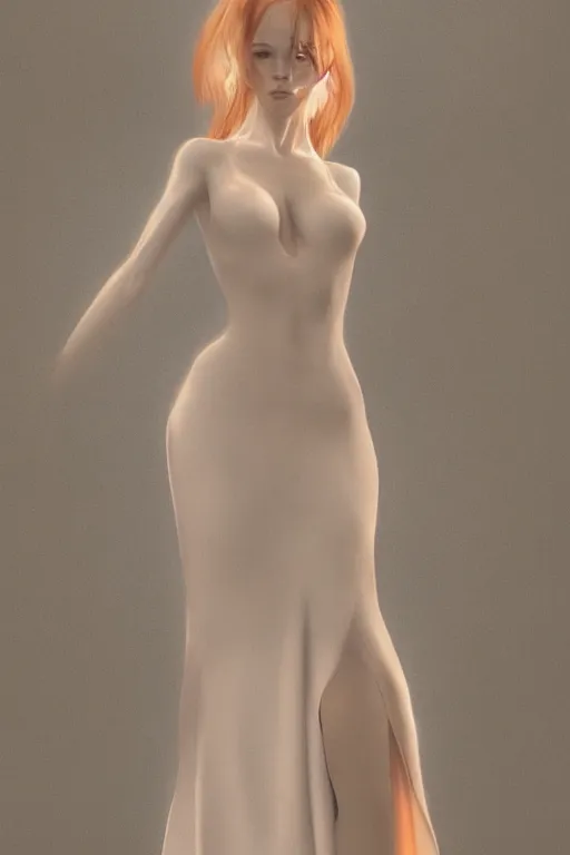 Image similar to ultra realist soft painting of a single beautiful female in a full long curvy slim dress, thin long auburn hair, very intricate details, volumetric lighting, symmetry accurate anatomy features, 1970 environment, unreal render