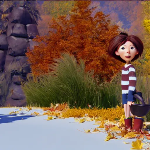 Image similar to a cute stopmotion animation character, a beautiful canadian woman, gardening, very attractive, spiky dark brown and grey hair, striped sweater, tight denim jeans, maroon doc marten boots, canadian maple leaves blowing about, mountains, autumn, unreal engine 5, 8 k, kubo and the two strings, disney, pixar,