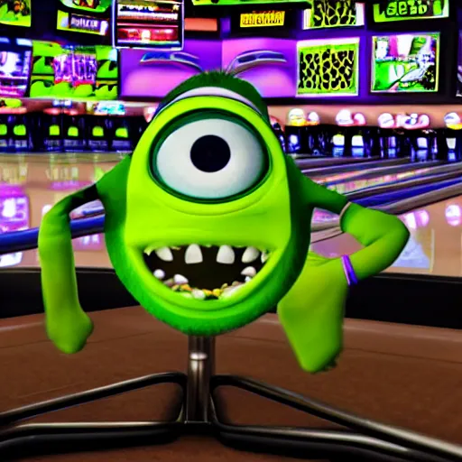 Prompt: A photo of Mike wazowski sat inbetween bowling balls in a rack at the bowling alley, photorealistic, 4k