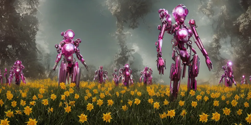 Image similar to a female saints as daffodils made of mecha is flying in the fantasy forest by merriam, daniel, intricate mechanical details, futuristic, 2 k aesthetic, dramatic lighting, concept art, 4 k, 3 d octane render, pink and red colors, provenance, detailed, trending on artstation