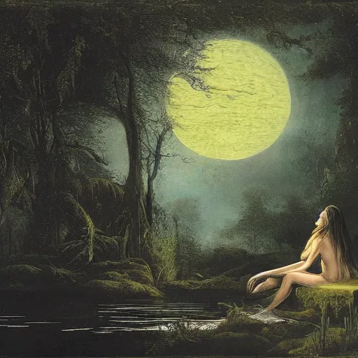 Image similar to rusalka sits by a pond in an apocalyptic dark forest at night, moon gazing, by john martin