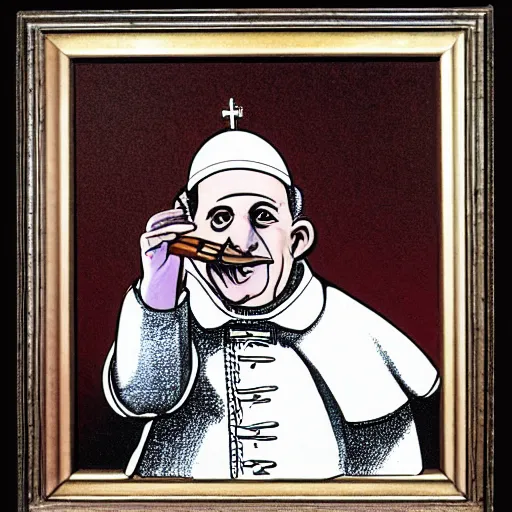 Image similar to a caricature of the pope smoking a cigar, drawing, caricature