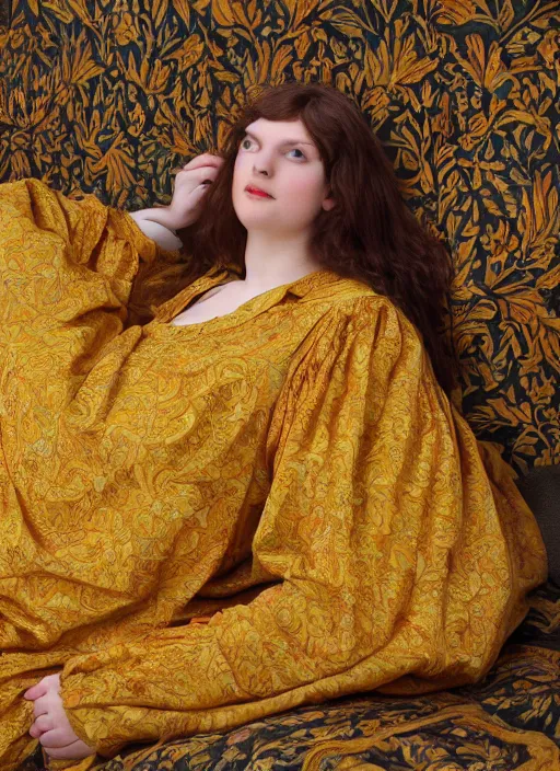 Image similar to preraphaelite photography reclining on bed, big brown fringe, yellow ochre ornate medieval dress, william morris, 4 k