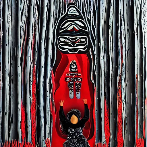 Image similar to a girl, north western indigenous art styles of belerose, desjarlais, robbie craig. girl running through a forest of totem poles, gray black white and red noir,