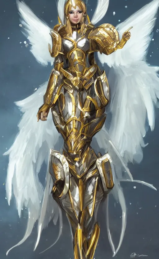 Image similar to Concept art, angel knight girl in golden and silver armor adorned with sapphire gems, artstation trending, cinematic, highly detailded