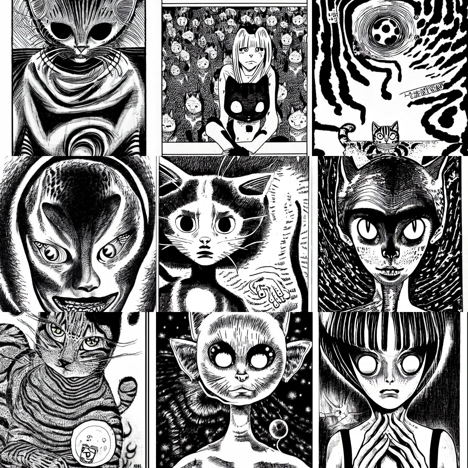 Prompt: feline alien drawn by Junji Ito, uncanny, horrific, horror manga, inhuman, cute, calm, intelligent, serene
