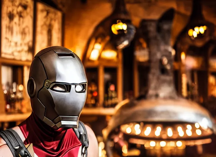 Image similar to a reflective steel engineering ironman - mask at a high end bar in a medieval themed castle in golden afternoon light, professional photography