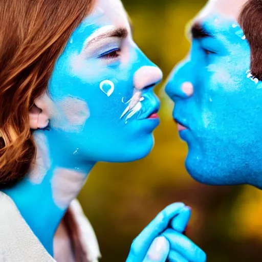 Image similar to couple kissing with bright blue glue paste in faces