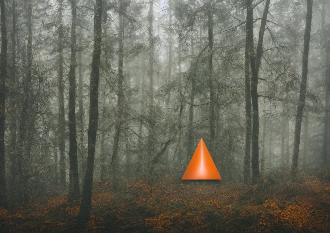 Prompt: a triangular golden structure in a foggy forest, detailed photography, dennis velleneuve, vivid colors, ultra realistic, 8 k, photography