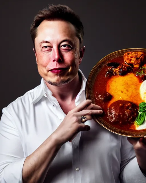 Image similar to a portrait of elon musk with a plate containing idli and sambar in front of him, highly detailed, trending on artstation, bokeh, 9 0 mm, f / 1. 4