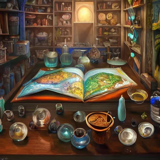 Image similar to hyper real, table, map, wizards laboratory, tony sart, mortar, pestle, scales, energy flowing, magic book, beakers of colored liquid