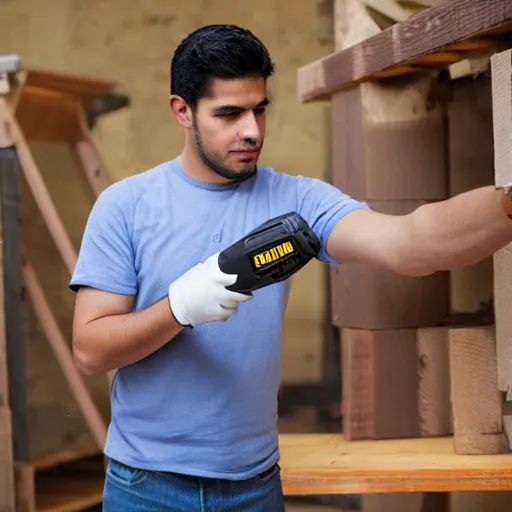 Prompt: young latino man using cordless power tool made by dewalt