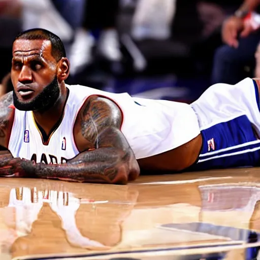 Image similar to professional close up shot photograph of lebron james sleeping on the court in an nba game, wearing nba jersey, standing, clear image, as seen on getty images, smooth, uncompressed,