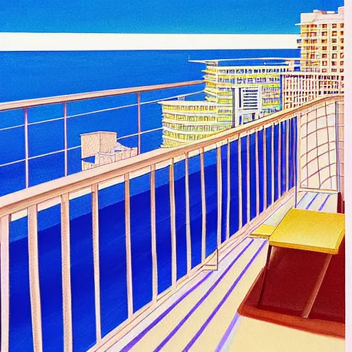 Prompt: a beautiful painting of a sunny day overlooking the beach from a hotel balcony by hiroshi nagai and hirohiko araki, detailed line art