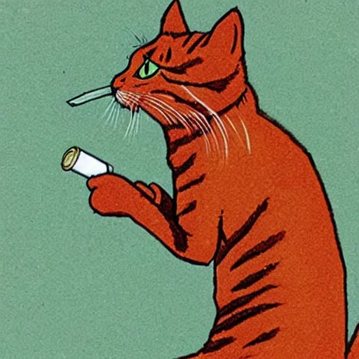 Prompt: a red tabby cat smoking a cigarette, drawn by Moebius