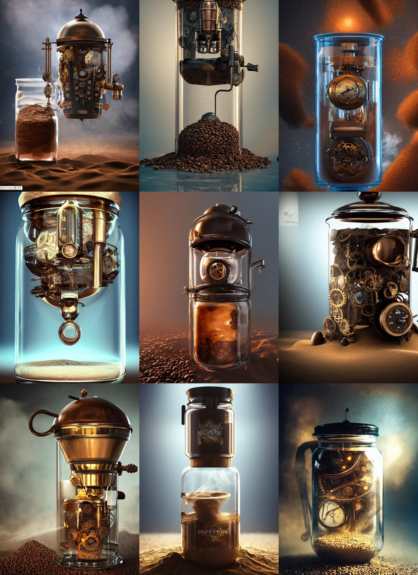 Prompt: steampunk coffee machine inside a a glass jar buried in sand, intricate detail, volumetric lighting, epic composition, coffee beans, hyper detailed, ultra realistic, sharp focus, octane render, blue moon, volumetric, ray tracing, artstation trending, cgsociety, sense of awe, swirling mist, 4 k