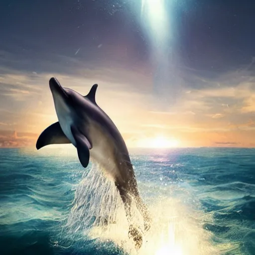 Image similar to dolphin on the sky, art by alessio albi 8 k ultra realistic, lens flare, atmosphere, glow, detailed, intricate, full of colour, led lighting, trending on artstation, 4 k, hyperrealistic, focused, extreme details, unreal engine 5, masterpiece