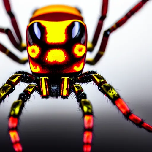 Prompt: a cybernetic spider covered with red and yellow armor. Award-winning photo. OM system 12–40mm