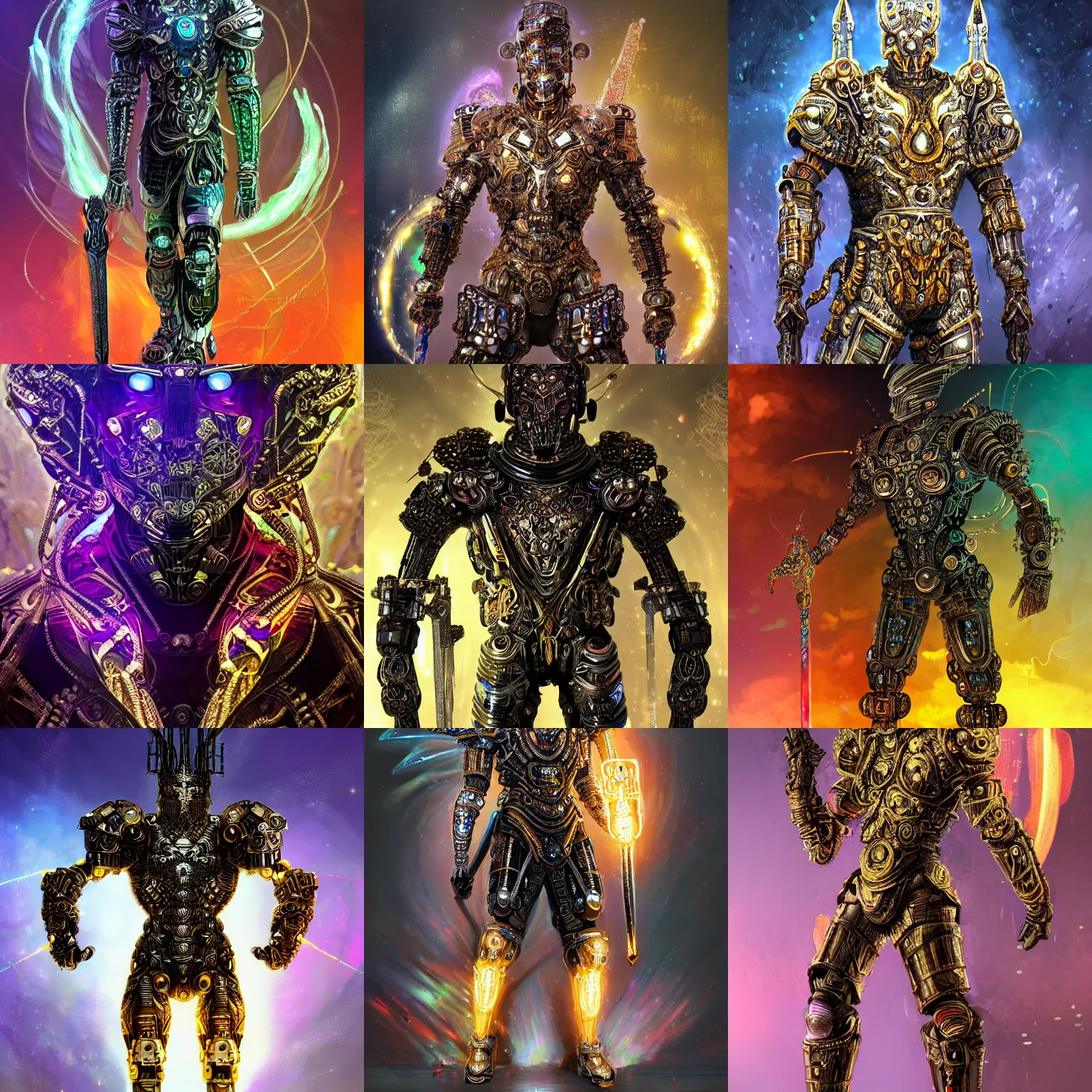 Prompt: A warrior god wearing a partially cybernetic intricate body brandishing a powerful sword, concept art, intricate futurism, scifi, intricate black armor encrusted in iridescent microchips and ornate precious colorful crystals, highly detailed elegant cybernetic body, iridescent, vivid colors, iridescent glistening smoke, digital painting, gold sparks, artstation, concept art, smooth, sharp focus, illustration, award winning on artstation