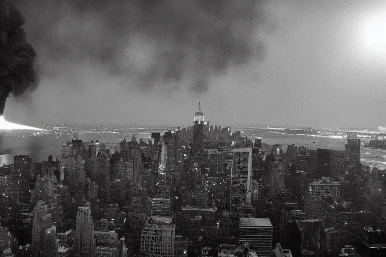 Prompt: cinematic shot of a comet hitting New York City. Riots and panic.