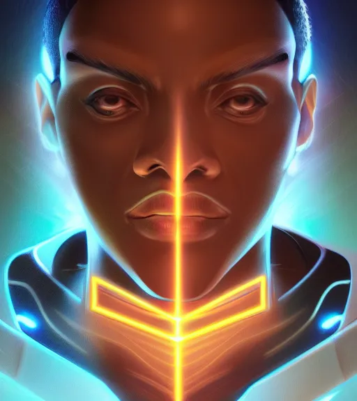 Image similar to symmetry!! egyptian prince of technology, solid cube of light, hard edges, product render retro - futuristic poster scifi, lasers and neon circuits, brown skin man egyptian prince, intricate, elegant, highly detailed, digital painting, artstation, concept art, smooth, sharp focus, illustration, dreamlike, art by artgerm