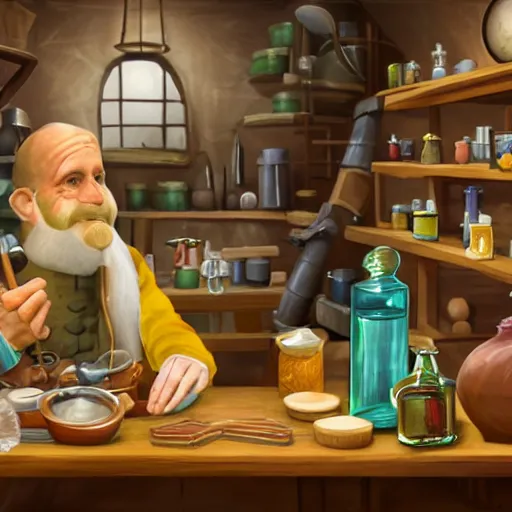 Image similar to An alchemist sitting in his workshop creating potions and formulas