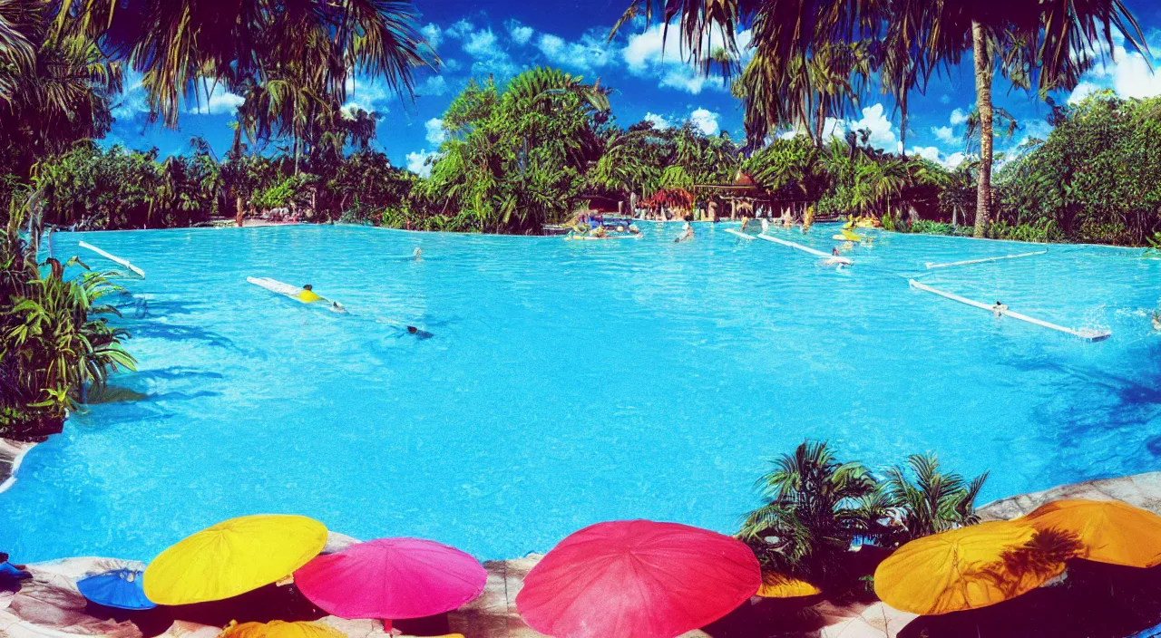 Image similar to a beautiful day at a tropical pool,colorised,photograph