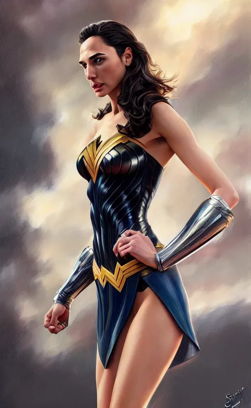 Image similar to full length photo of a gorgeous gal gadot in the style of stefan kostic, realistic, sharp focus, 8k high definition, insanely detailed, intricate, elegant, art by stanley lau and artgerm