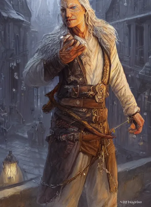 Image similar to poor beggar on the streets, bright, white, ultra detailed fantasy, dndbeyond, bright, colourful, realistic, dnd character portrait, full body, pathfinder, pinterest, art by ralph horsley, dnd, rpg, lotr game design fanart by concept art, behance hd, artstation, deviantart, hdr render in unreal engine 5