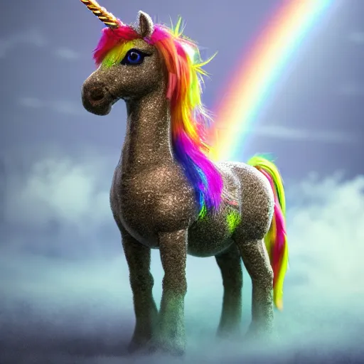 Prompt: full body pose, hyperrealistic photograph of a cute fuzzy rainbow unicorn, dim volumetric lighting, 8 k, octane beautifully detailed render, extremely hyper detailed, intricate, epic composition, cinematic lighting, masterpiece, trending on artstation, very very detailed, stunning, hdr, smooth, sharp focus, high resolution, award, winning photo, dslr, 5 0 mm