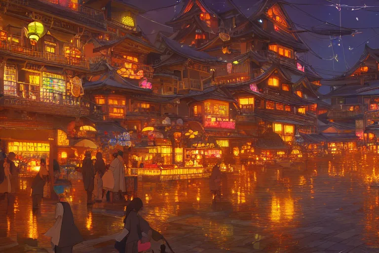 Prompt: fantasy art of a japan town at night, filled with glowing paper goldfish, by makoto shinkai, highly detailed digital art, trending on artstation