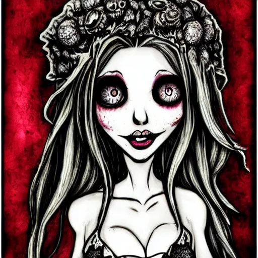 Prompt: grunge drawing of a cartoon beautiful woman with big eyes and a wide smile by mrrevenge, corpse bride style, horror themed, detailed, elegant, intricate