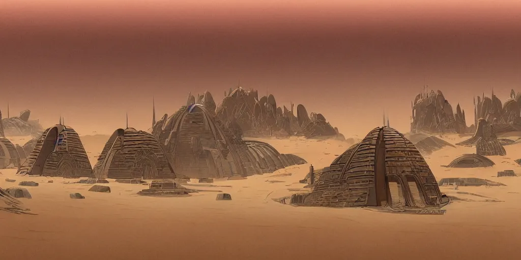 Prompt: dune city and temples of arrakis, arrakeen, arab ar architectural and brutalism and gigantism, from frank herbert novels, composition idea concept art for movies, style of denis villeneuve and greg fraiser