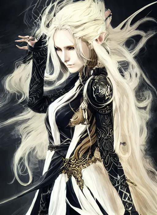 Image similar to Half body portrait of a beautiful elven healer with long straight black and blonde hair wearing ornate white and gold robe. In style of Yoji Shinkawa and Hyung-tae Kim, trending on ArtStation, dark fantasy, great composition, concept art, highly detailed, dynamic pose.