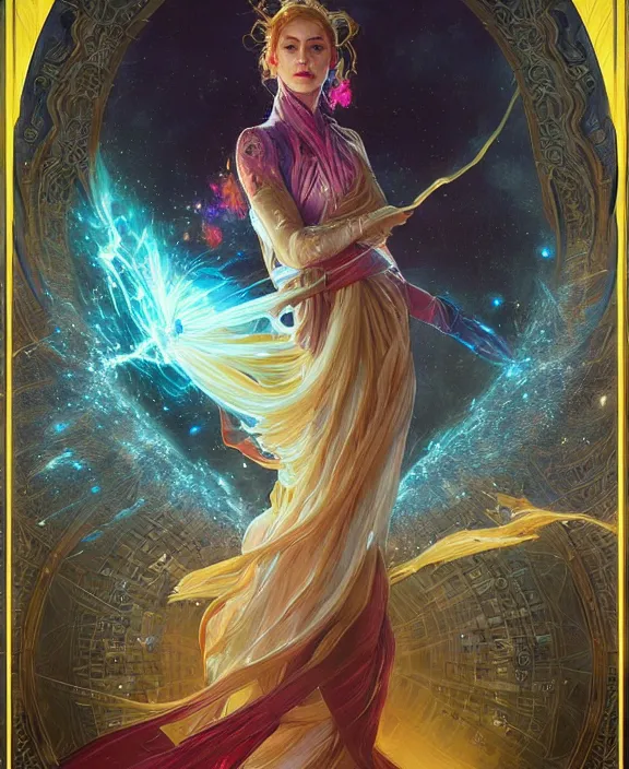 Prompt: a trading - card of a wizard surrounded by a whirlwind of magical particles ushing inside the metaverse, half body, fantasy, intricate, elegant, highly detailed, colorful, vivid color, digital painting, artstation, concept art, art by artgerm and greg rutkowski and alphonse mucha and ruan jia