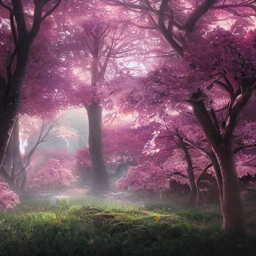 Image similar to sakura trees magical forest, fluent composition, concept art, ambient light, 4 k, intricate details, highly professionally detailed, cgsociety, highly detailed -