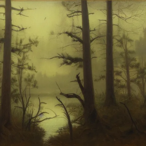 Prompt: dangerous swamp, a bit foggy, bizarre pines, hudson river school painting, naturalism