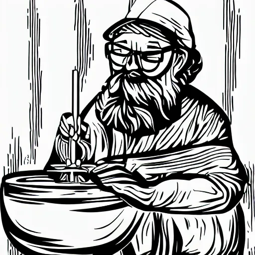 Image similar to bearded man turning bowl on woodlathe, vector art, simple, clean, monochromatic, woodturning