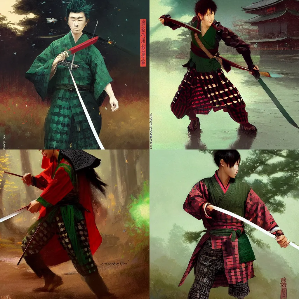 Prompt: Japanese swordsman with dark red hair wearing a checkered green and black kimono, trending on art station, cinematic, epic, by greg rutkowski and thomas kinkade